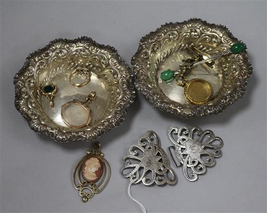 A group of assorted jewellery including a gem set fob and tow silver bonbon dishes etc.